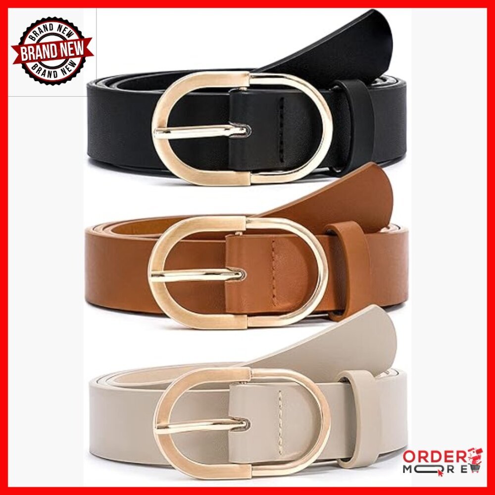 3 Pack Faux Leather Belts Gold Buckle Women's Dress Casual Jeans
